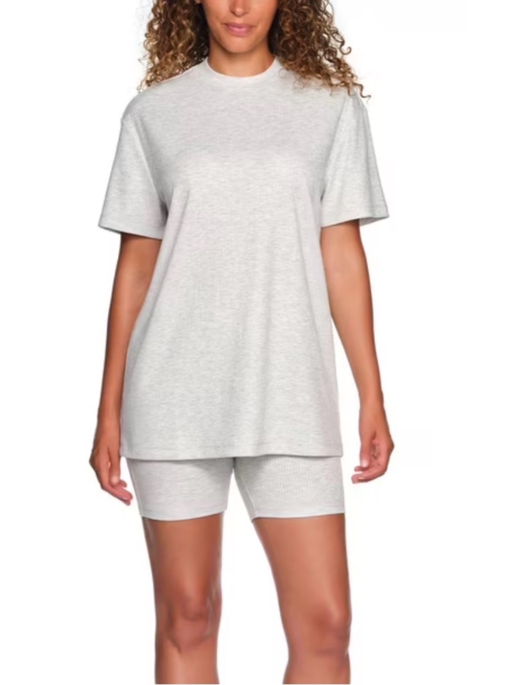LOFT Light Gray Ribbed Short Sleeve Tee & Biker Short Lounge Set